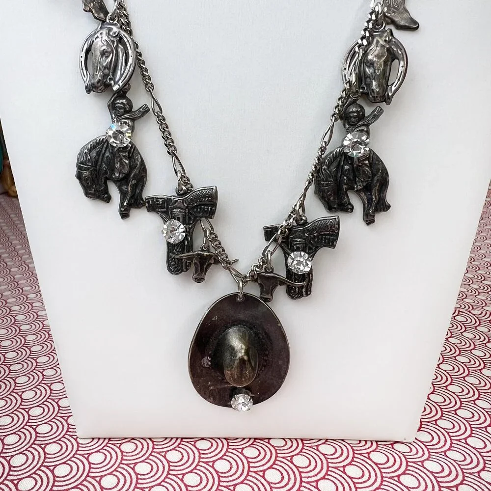 La Contessa Mary DeMarco Western Cowgirl Charm Silver Tone Necklace AND Earrings - Picture 8 of 13